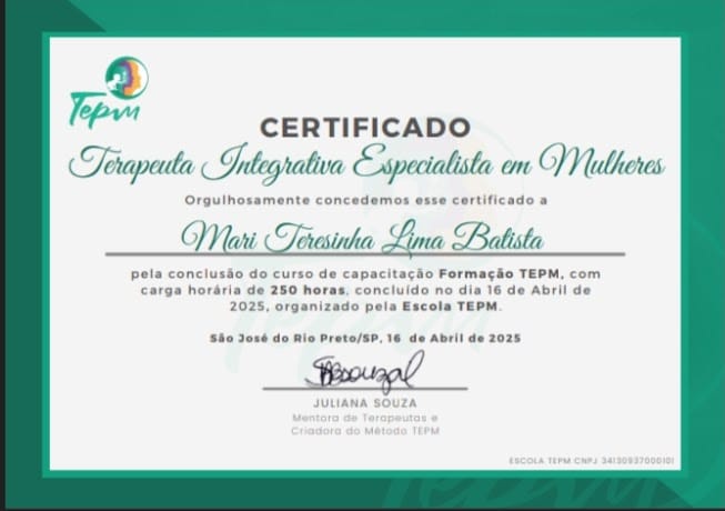 Certificado de formação no Método TEPM - Mari Batista